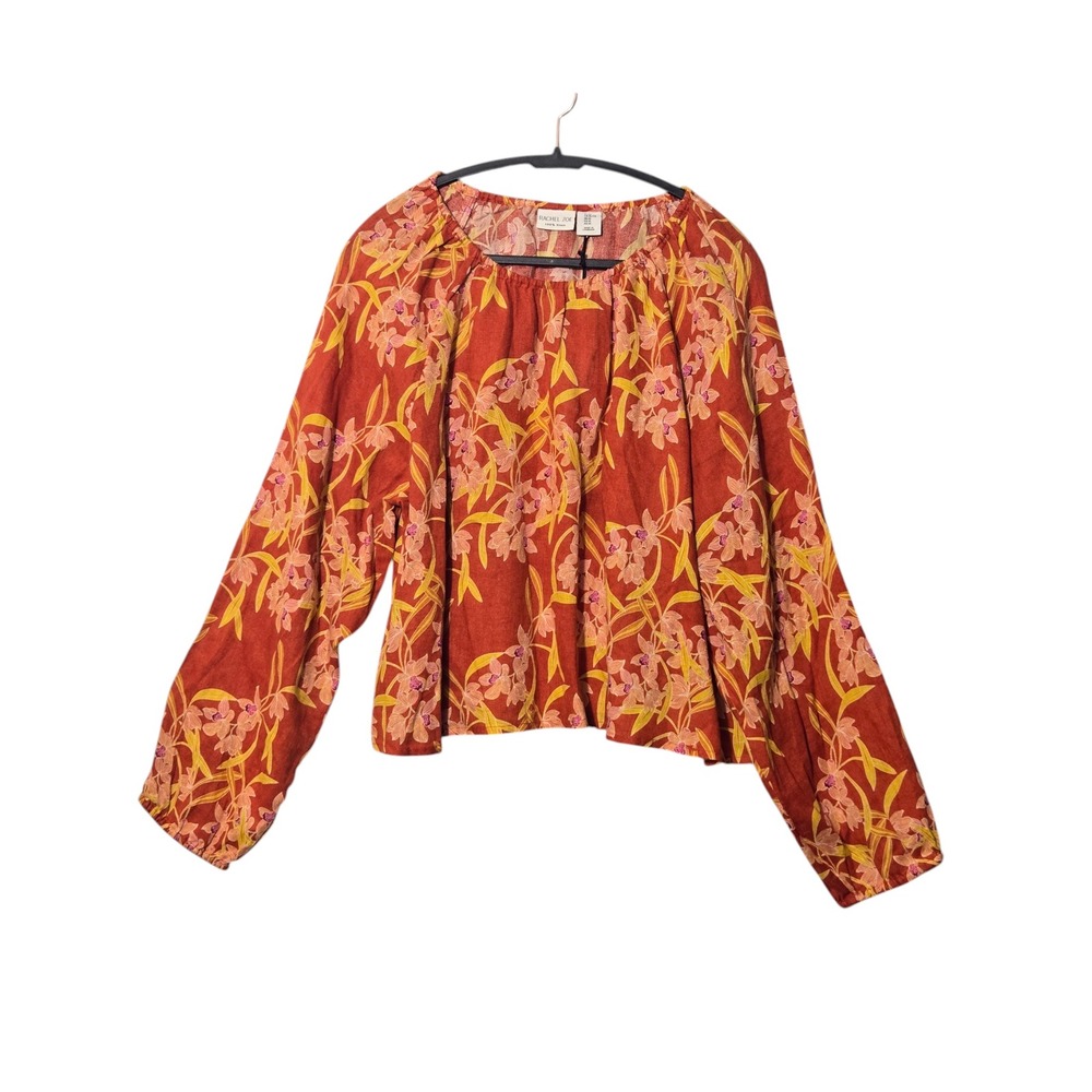 Rachel Zoe Floral Blouse XL 100% Linen Rust Orange Balloon Sleeve Boho NWT